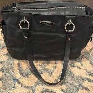Black Leather Coach Shoulder Bag with Zippered Side Pockets - Silver Hardware